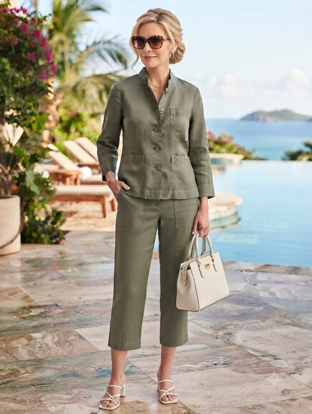 Vintage Cherokee Linen Set Jacket Button Up 3/4 Sleeve & Cropped Pants size 6